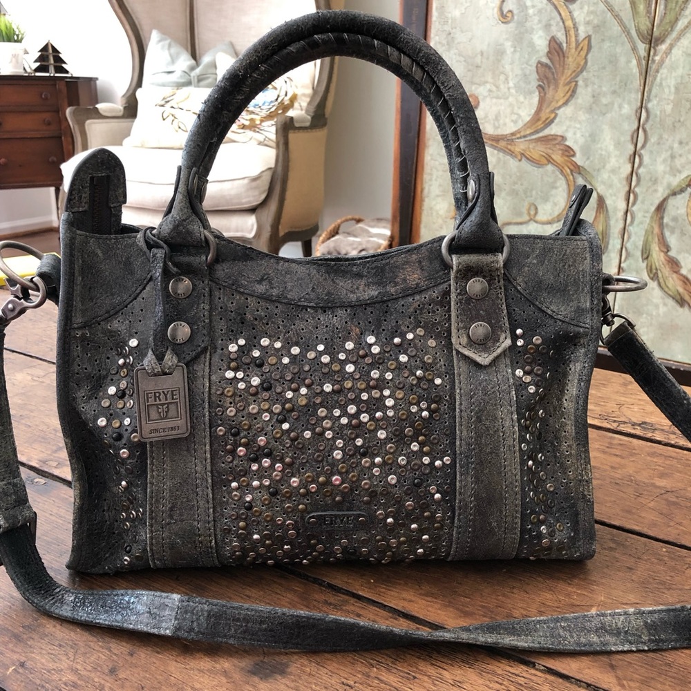 $595 FRYE DEBORAH STUDDED SATCHEL BAG Slate Color